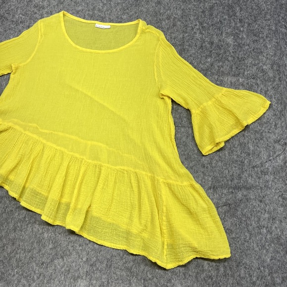 Bryn Walker Top Womens M Yellow Ruffle Hem Flared Sleeve Guaze Blouse Lagenlook - Picture 4 of 16